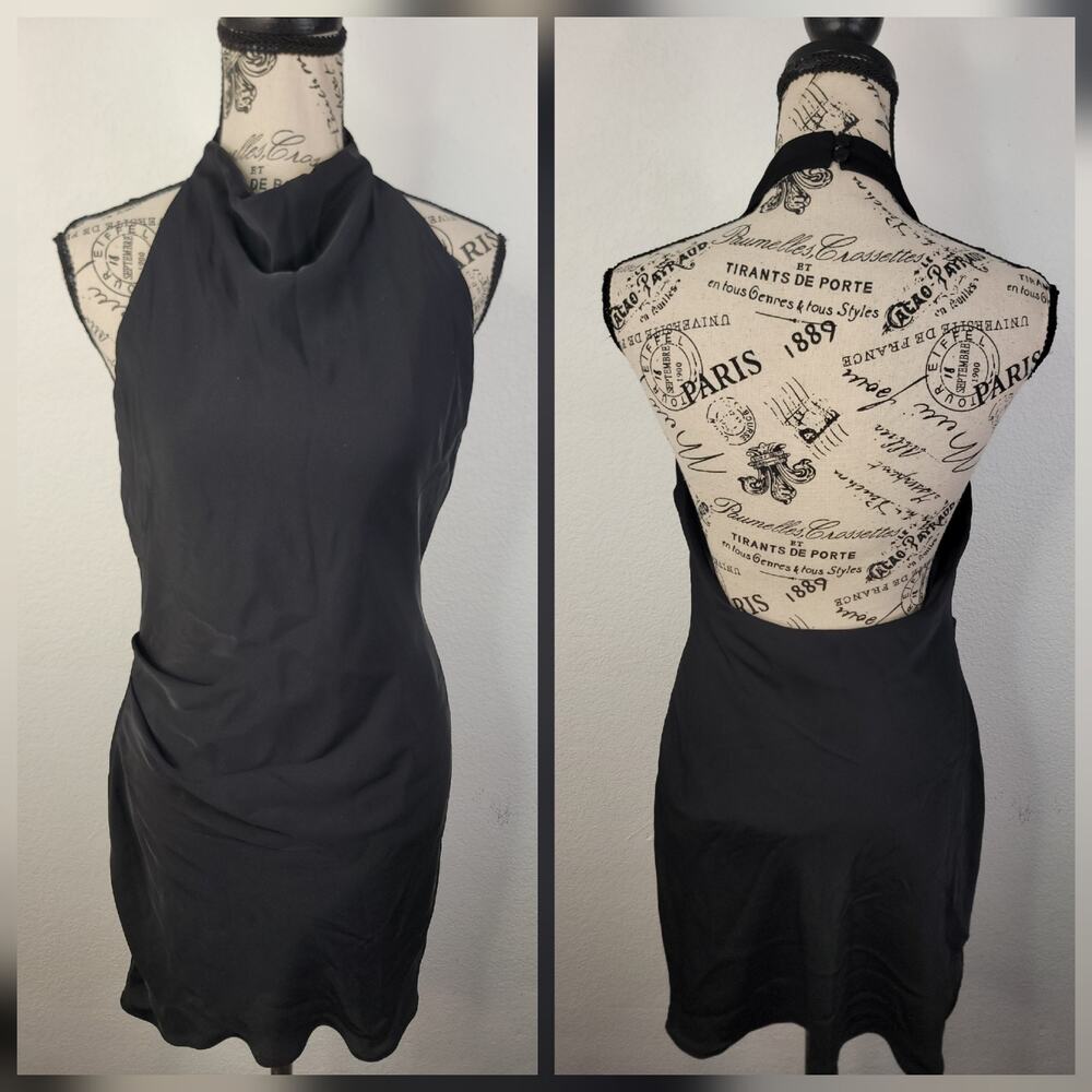 Babaton Aritzia Audience Halter Midi Dress Satin Cowl Neck Black Backless US 4
